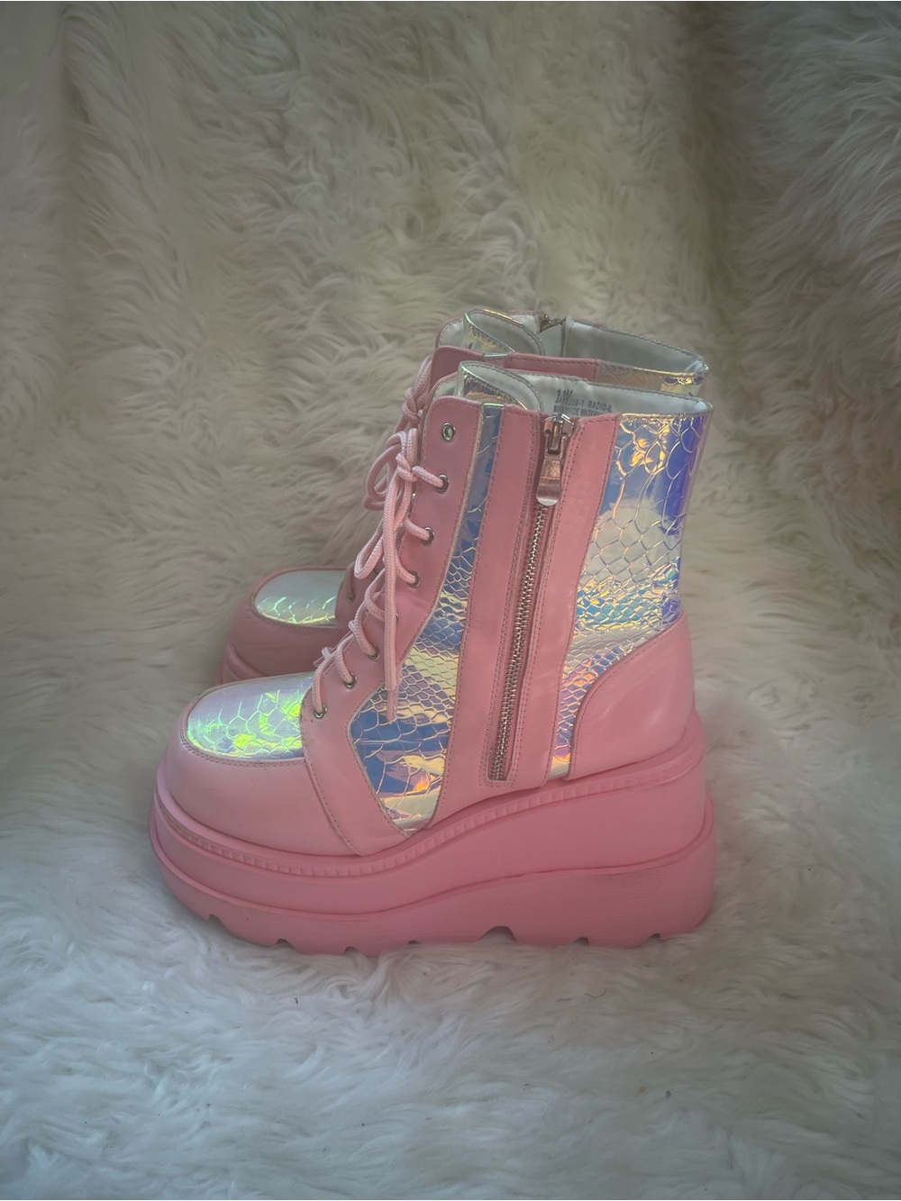 Cape Robbin synthetic pink platform lace up boots SZ11M holographic accents .